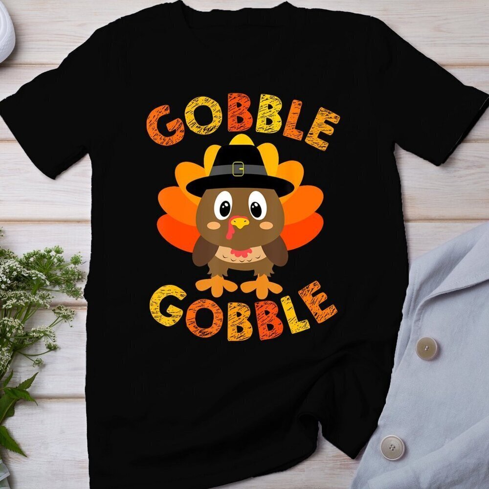 Cute Gobble Gobble Turkey Pilgrim Kids Thanksgiving Holiday Graphic T-Shirt